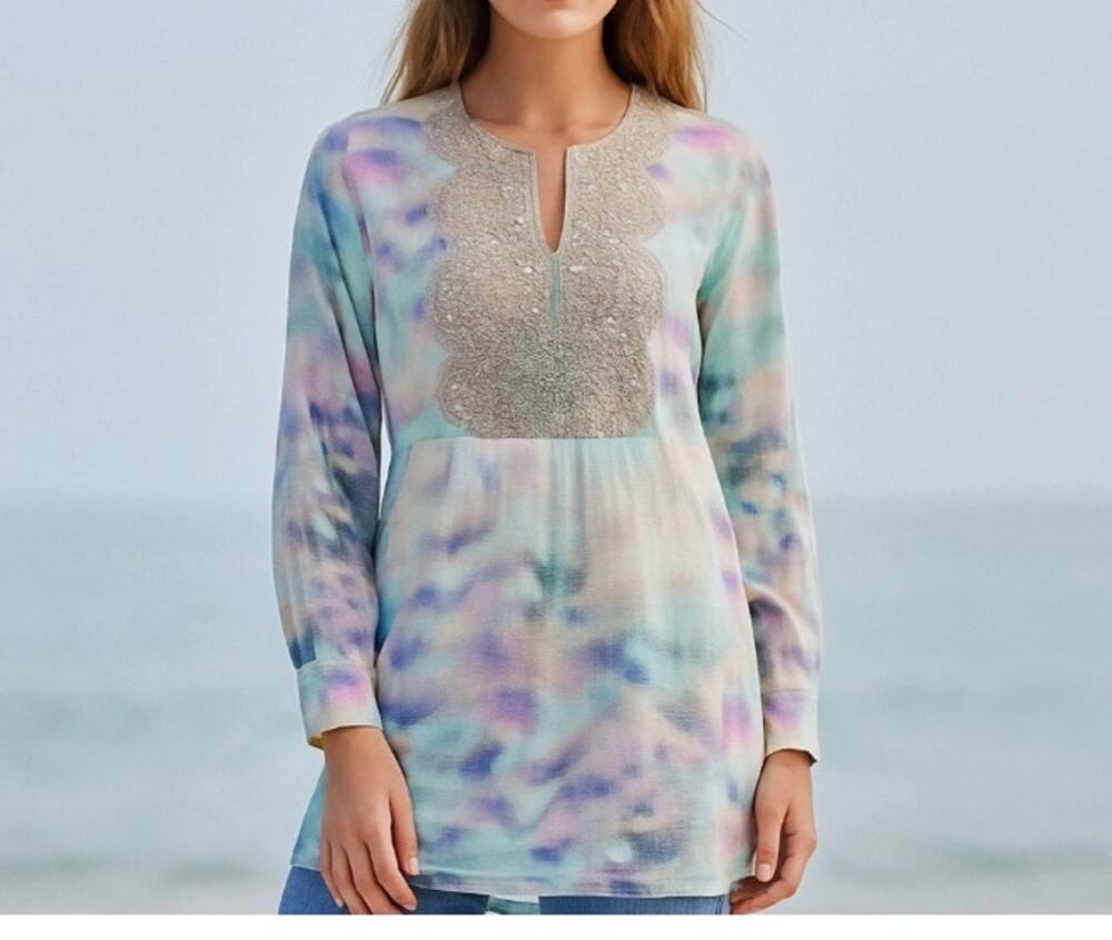 Soft Surroundings Bazille Tunic Soft Aqua Sequin Beaded Embroidery XS P
